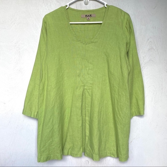FLAX Lime Green 100% Linen Tunic V-Neck 3/4 Sleeve - Picture 1 of 6